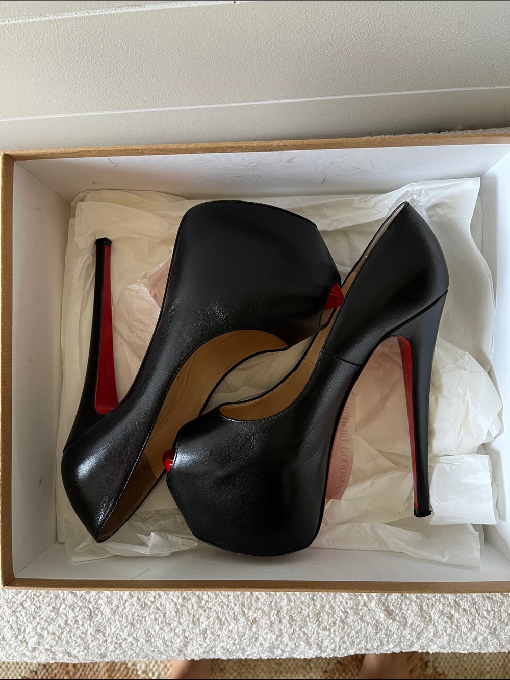Christian Louboutin Black Leather Peep-Toe Platform Pumps with Red Soles